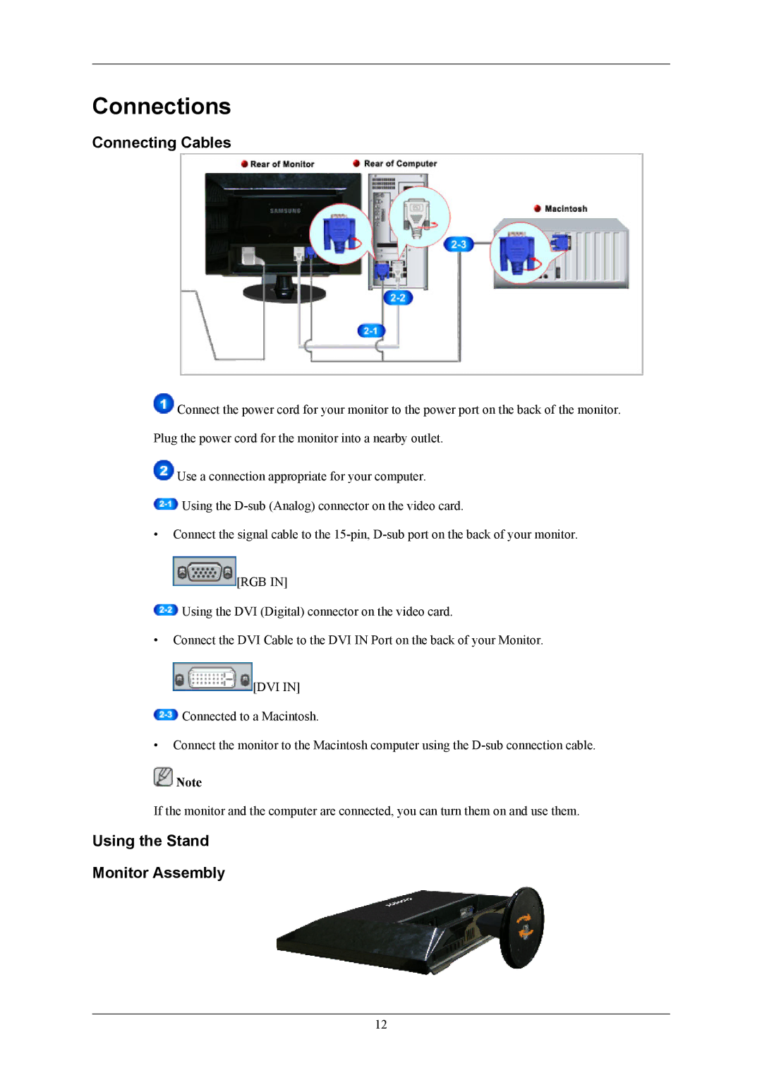 Samsung LS20AQWJFVRXSJ, LS20AQWJFV/XSJ, LS20AQWJFV/EDC Connections, Connecting Cables, Using the Stand Monitor Assembly 