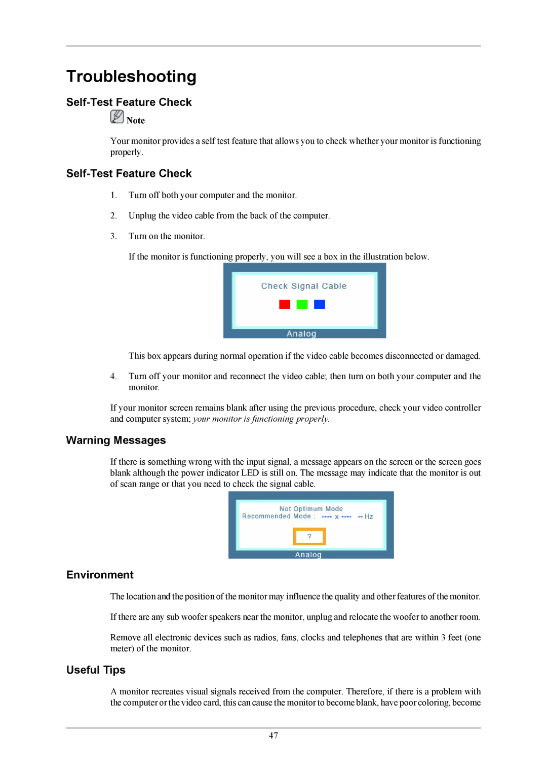 Samsung LS20AQWJFV/EDC, LS20AQWJFVRXSJ, LS20AQWJFV/XSJ Troubleshooting, Self-Test Feature Check, Environment, Useful Tips 