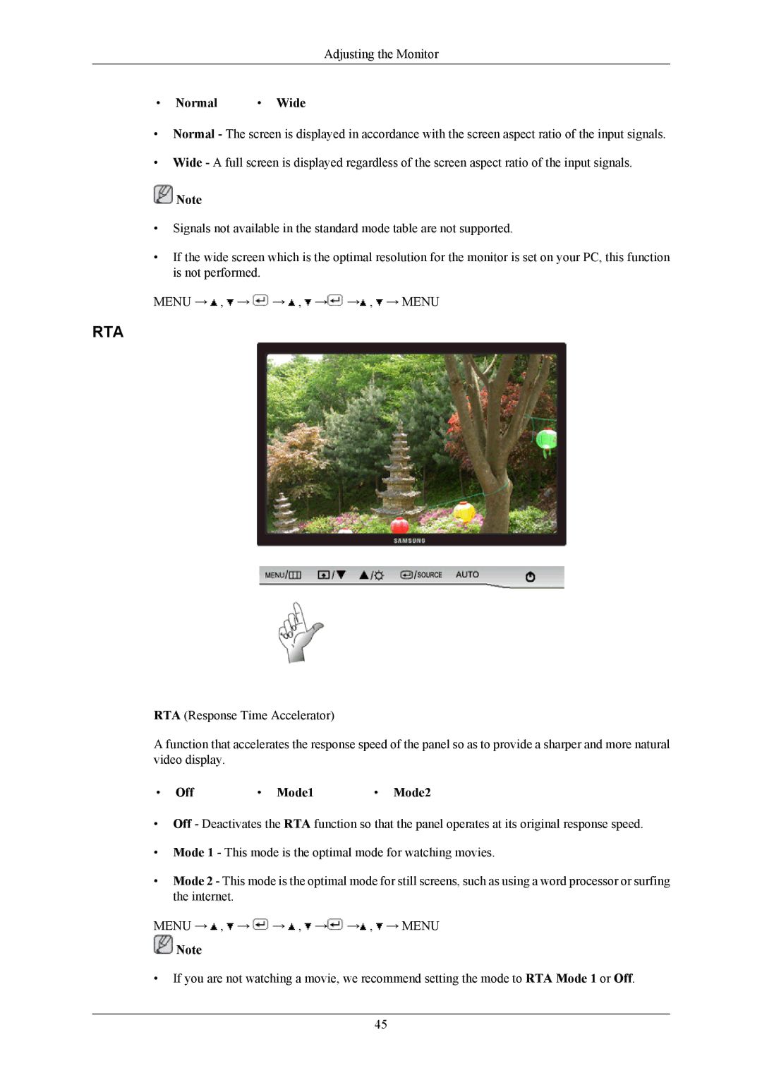 Samsung LS22AQWJFV/XSJ, LS20AQWJFVRXSJ, LS20AQWJFV/XSJ, LS20AQWJFV/EDC, LS22AQWJFV/EDC manual Normal Wide, Off Mode1 Mode2 