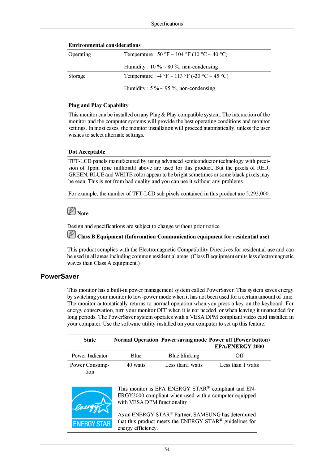 Samsung LS22AQWJFV/XSJ, LS20AQWJFVRXSJ PowerSaver, Environmental considerations, Plug and Play Capability, Dot Acceptable 