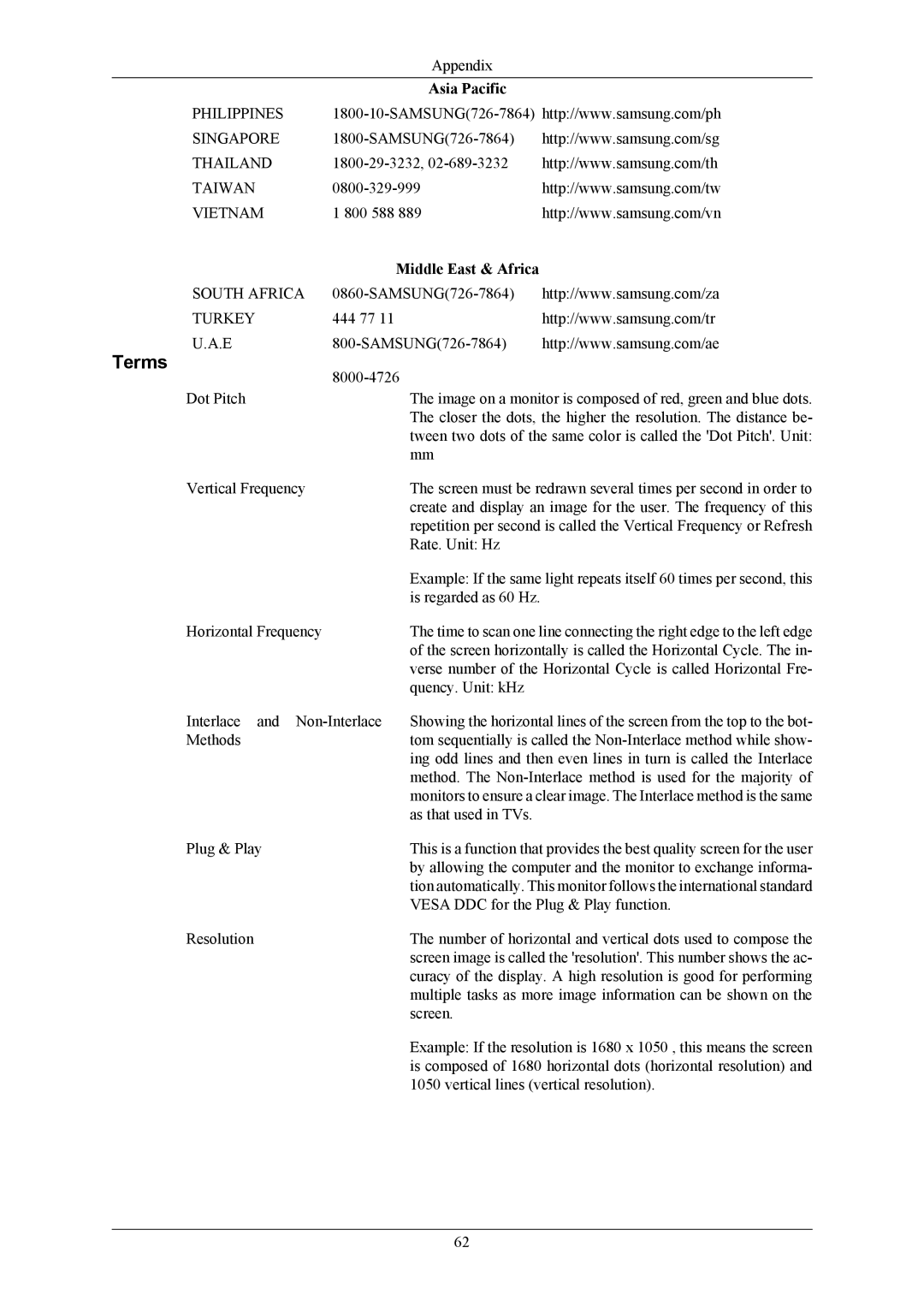 Samsung LS20AQWJFV/XSJ, LS20AQWJFVRXSJ, LS22AQWJFV/XSJ, LS20AQWJFV/EDC, LS22AQWJFV/EDC manual Terms, Middle East & Africa 