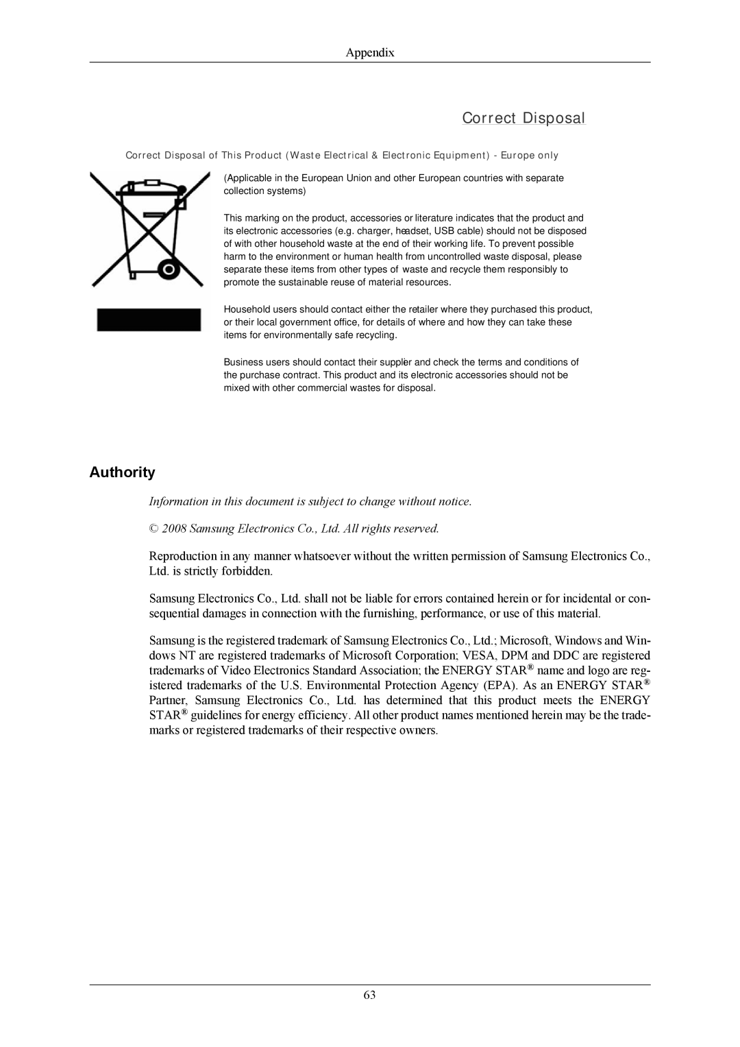 Samsung LS22AQWJFV/XSJ, LS20AQWJFVRXSJ, LS20AQWJFV/XSJ, LS20AQWJFV/EDC, LS22AQWJFV/EDC manual Correct Disposal, Authority 