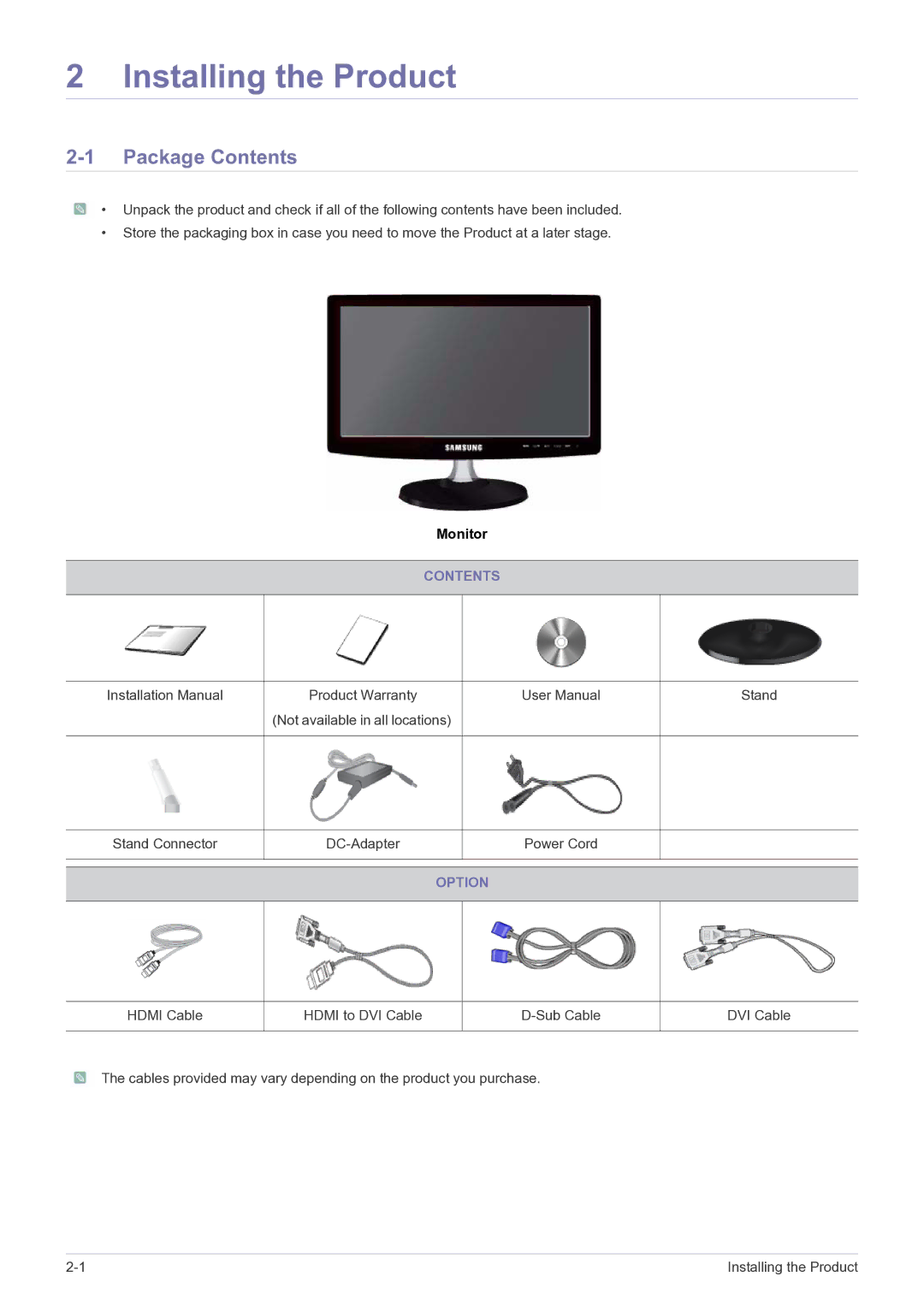 Samsung S19B350N, LS20B350HS/ZA, S24B350BL, S24B350HL, S23B350N, S23B350H, S23B350B Installing the Product, Package Contents 