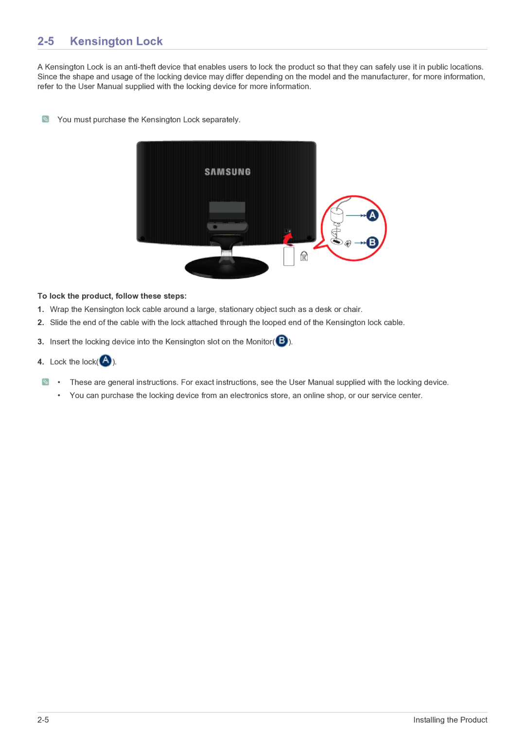 Samsung S23B350N, LS20B350HS/ZA, S24B350BL, S24B350HL, S23B350H Kensington Lock, To lock the product, follow these steps 