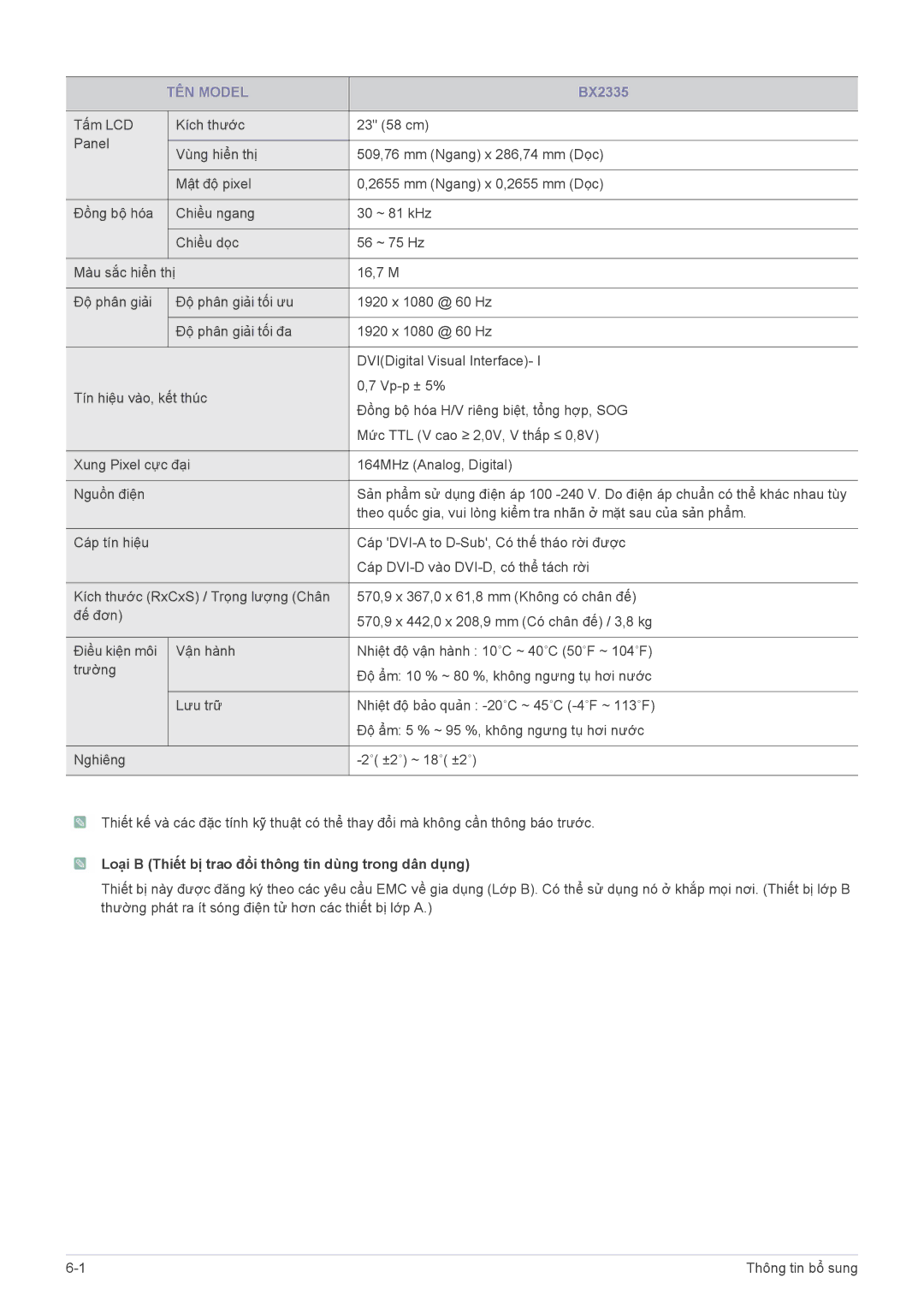 Samsung LS20B3UVMV/ZA manual BX2335, Loại B Thiết bị trao đổi thông tin dùng trong dân dụng 