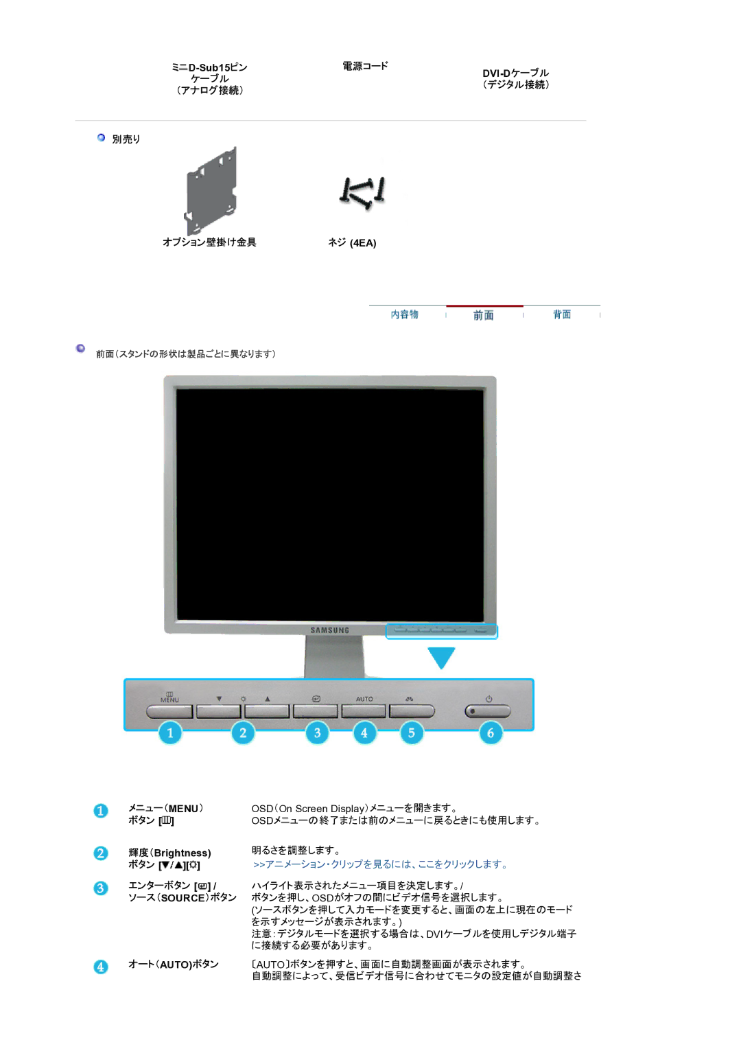 Samsung LS20BRBASZ/XSJ manual 電源コード, 別売り オプション壁掛け金具, メニュー（ Menu）, ボタン Osdメニューの終了または前のメニューに戻るときにも使用します。, 明るさを調整します。 