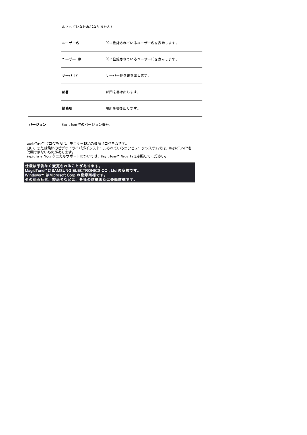 Samsung LS20BRBASZ/XSJ manual ユーザー名, ユーザー Id, サーバ Ip, 勤務地 