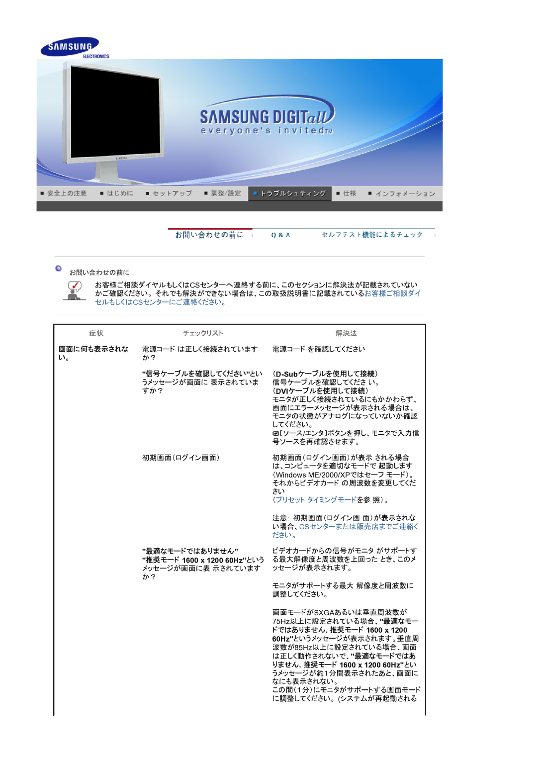 Samsung LS20BRBASZ/XSJ manual 画面に何も表示されな, 信号ケーブルを確認してください とい, （Dviケーブルを使用して接続）, 最適なモードではありません 