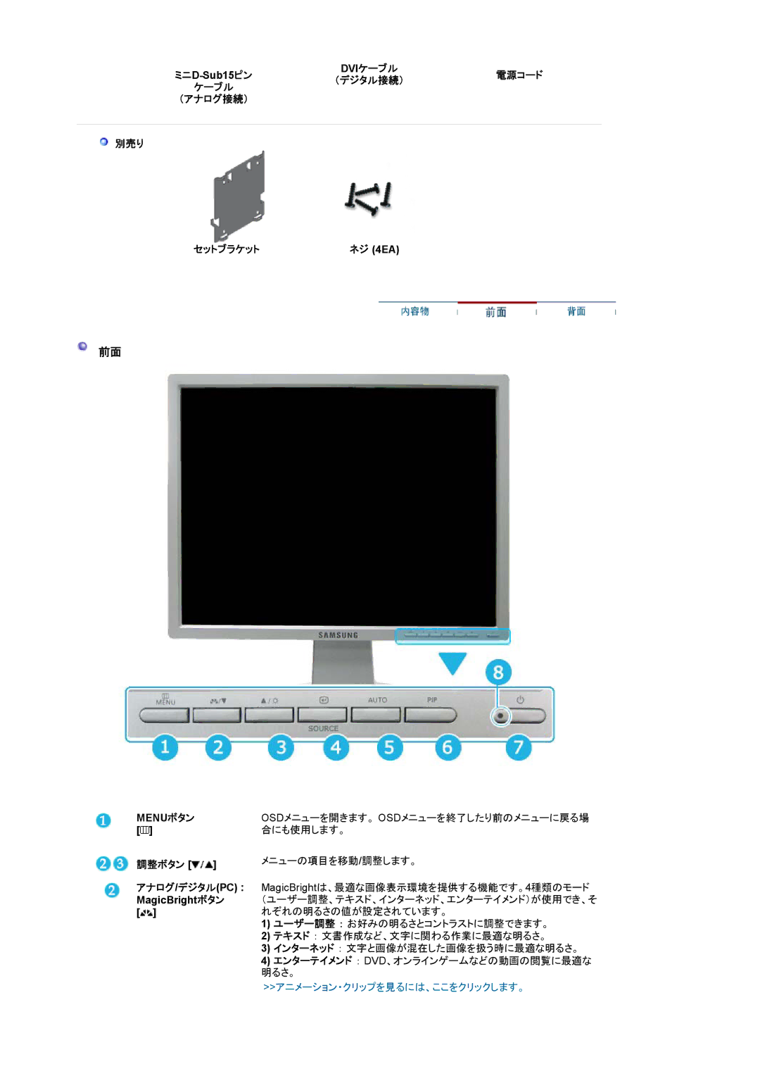 Samsung LS20BRCAS3/XSJ manual ミニD-Sub15 ピン, 別売り セットブラケット, Menuボタン, 調整ボタン, エンターテイメンド ： Dvd、オンラインゲームなどの動画の閲覧に最適な 明るさ。 