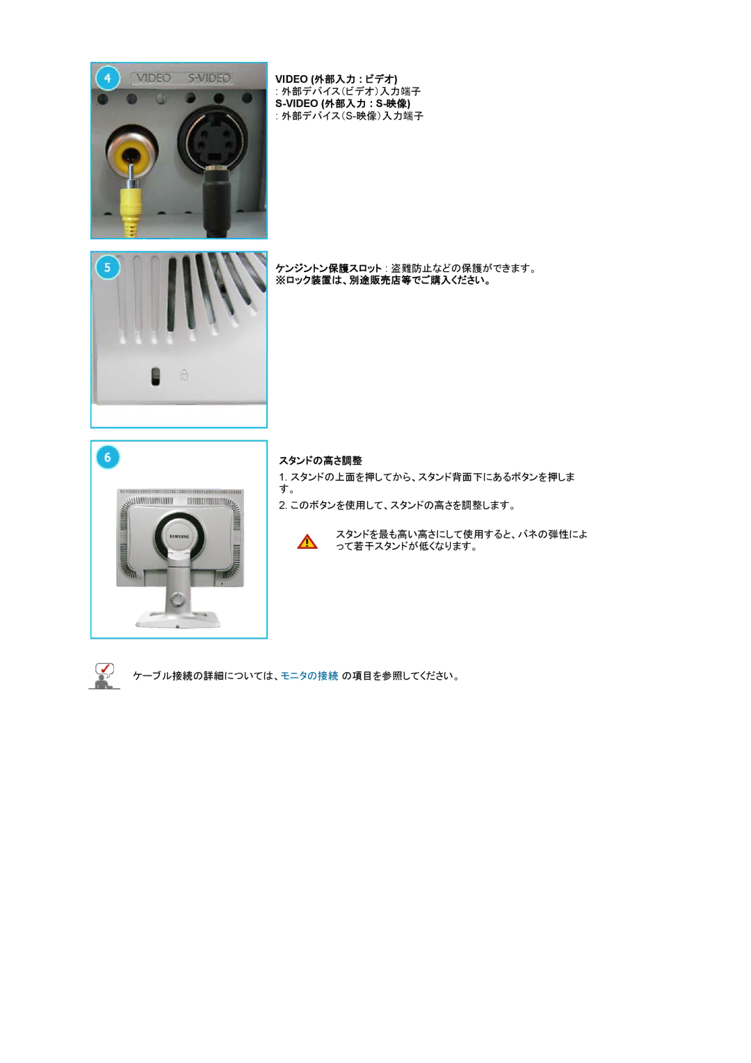 Samsung LS20BRCAS3/XSJ manual Video 外部入力 ビデオ, Video 外部入力 S-映像, ※ロック装置は、別途販売店等でご購入ください。 スタンドの高さ調整 