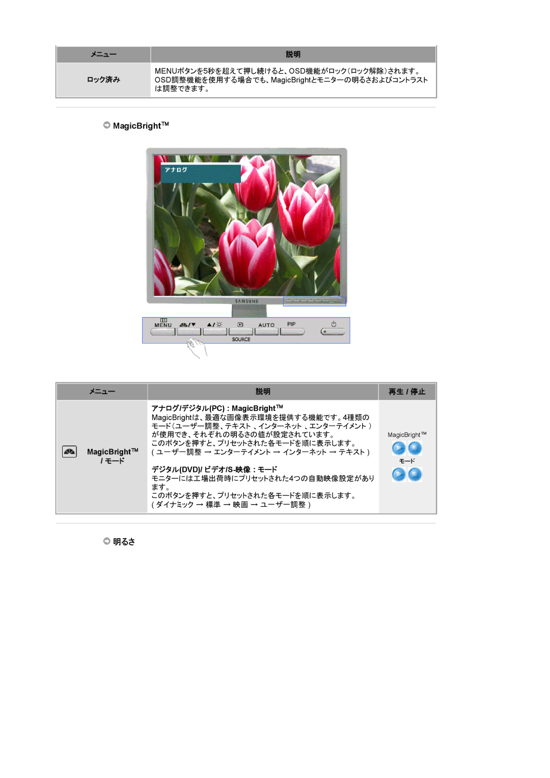 Samsung LS20BRCAS3/XSJ manual 明るさ, メニュー 再生 / 停止, アナログ/ デジタルPC MagicBright 