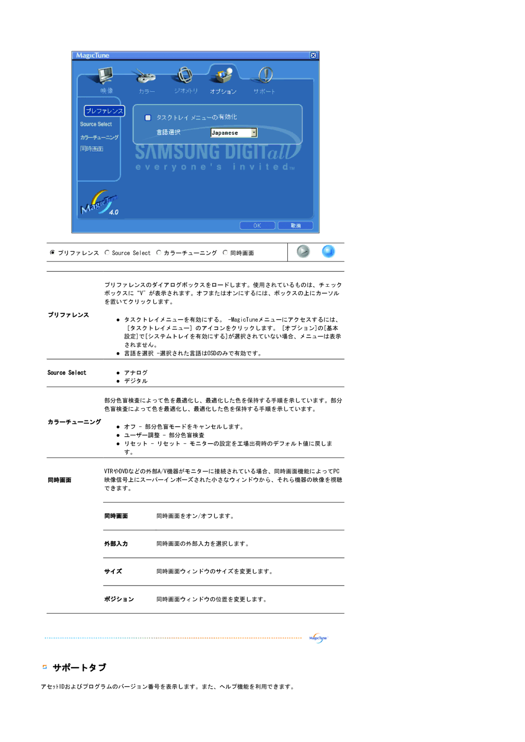 Samsung LS20BRCAS3/XSJ manual サポートタブ, プリファレンス 