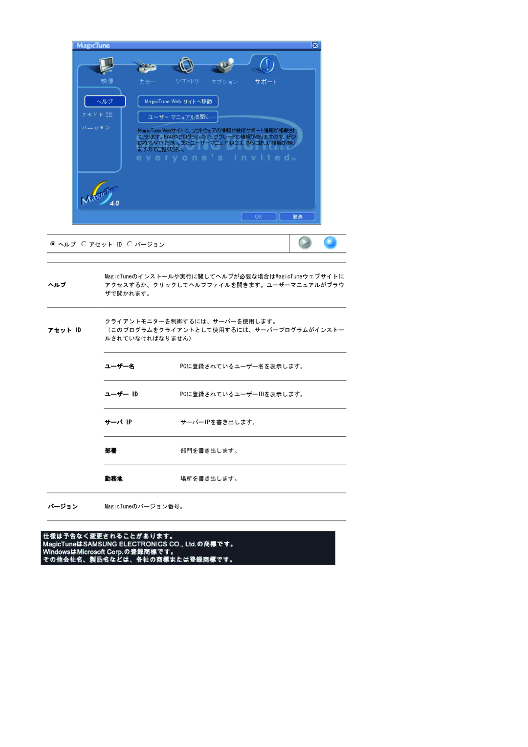 Samsung LS20BRCAS3/XSJ manual バージョン MagicTuneのバージョン番号。 