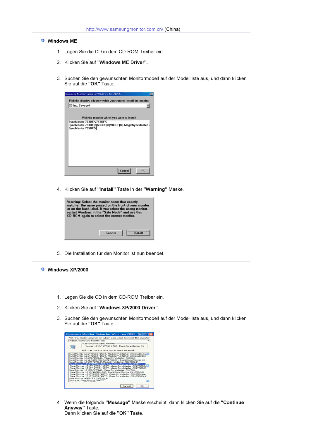 Samsung LS20BRCASZ/EDC manual Klicken Sie auf Windows ME Driver, Klicken Sie auf Windows XP/2000 Driver 