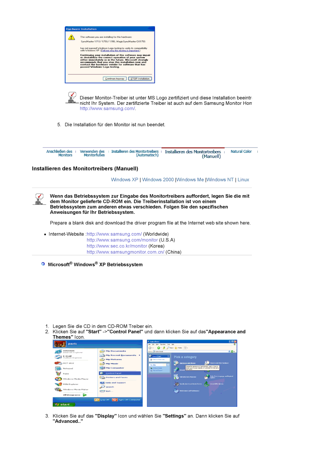 Samsung LS20BRCASZ/EDC manual Microsoft Windows XP Betriebssystem, Advanced 