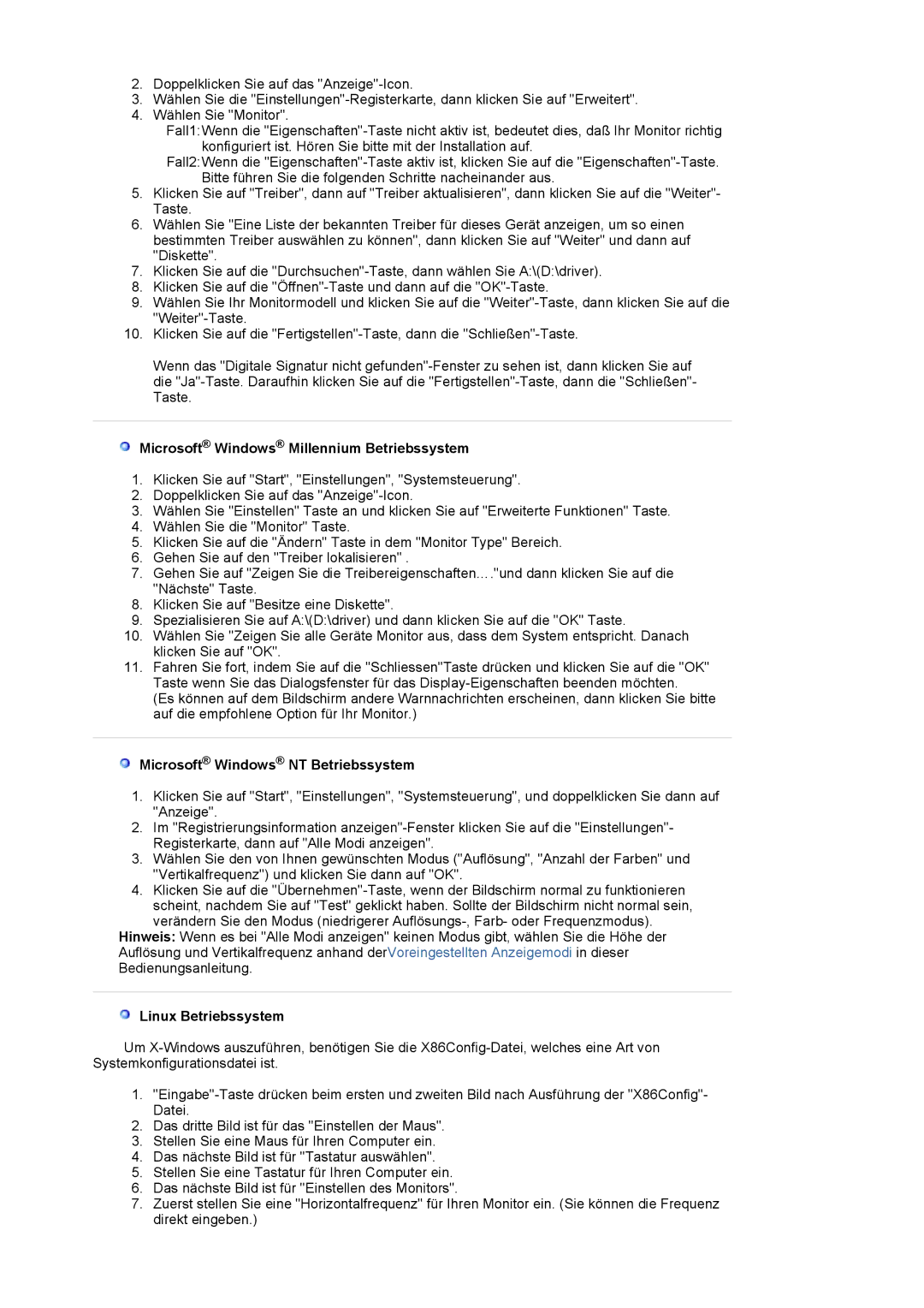 Samsung LS20BRCASZ/EDC manual Microsoft Windows Millennium Betriebssystem, Microsoft Windows NT Betriebssystem 