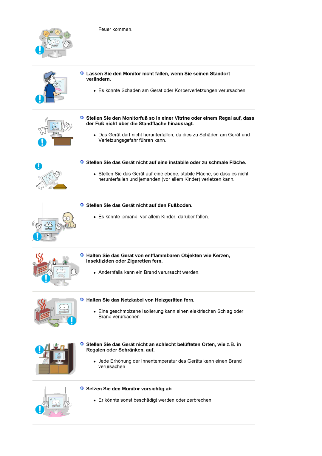 Samsung LS20BRCASZ/EDC manual Stellen Sie das Gerät nicht auf den Fußboden, Halten Sie das Netzkabel von Heizgeräten fern 