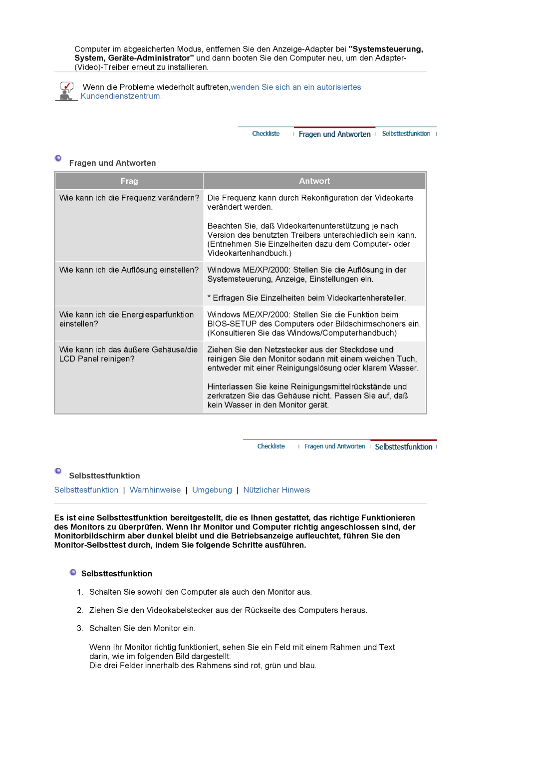 Samsung LS20BRCASZ/EDC manual Frag Antwort, Selbsttestfunktion 