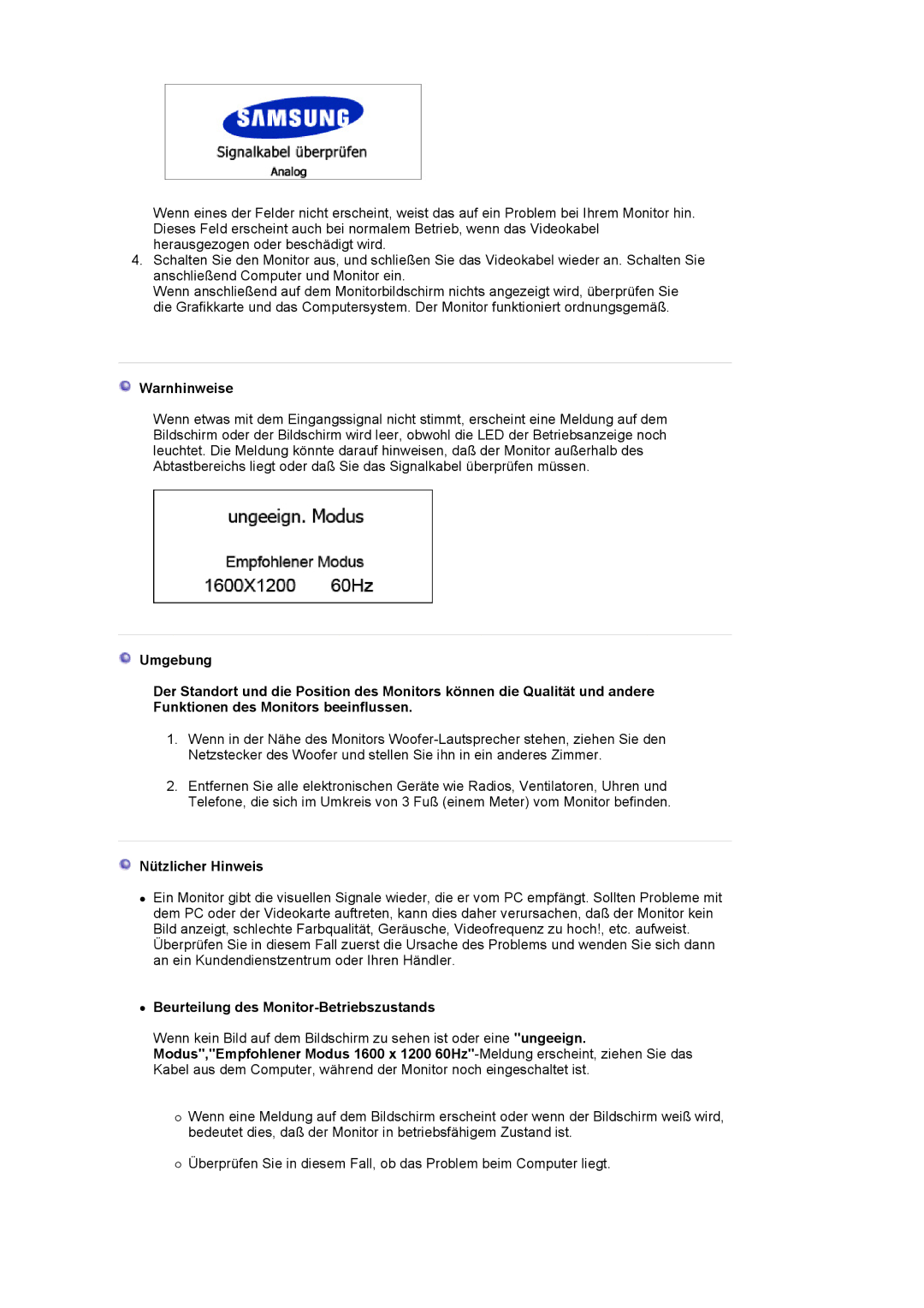 Samsung LS20BRCASZ/EDC manual Warnhinweise, Nützlicher Hinweis, Beurteilung des Monitor-Betriebszustands 