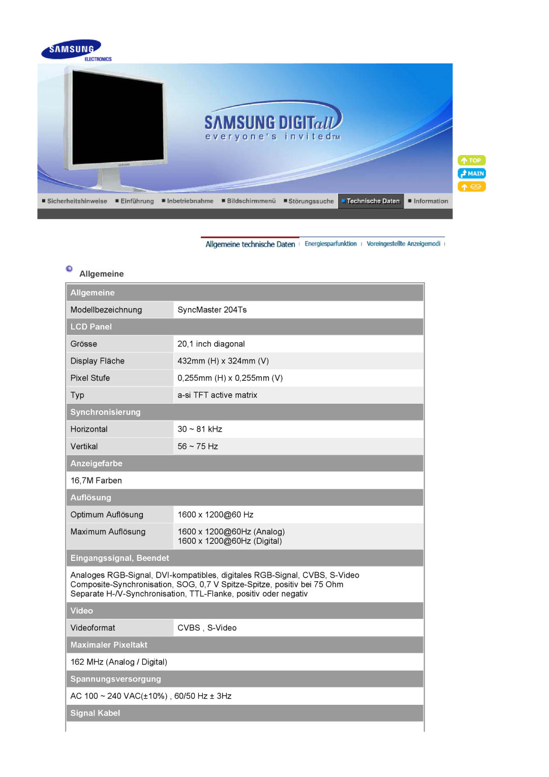 Samsung LS20BRCASZ/EDC Allgemeine, LCD Panel, Synchronisierung, Anzeigefarbe, Auflösung, Eingangssignal, Beendet, Video 