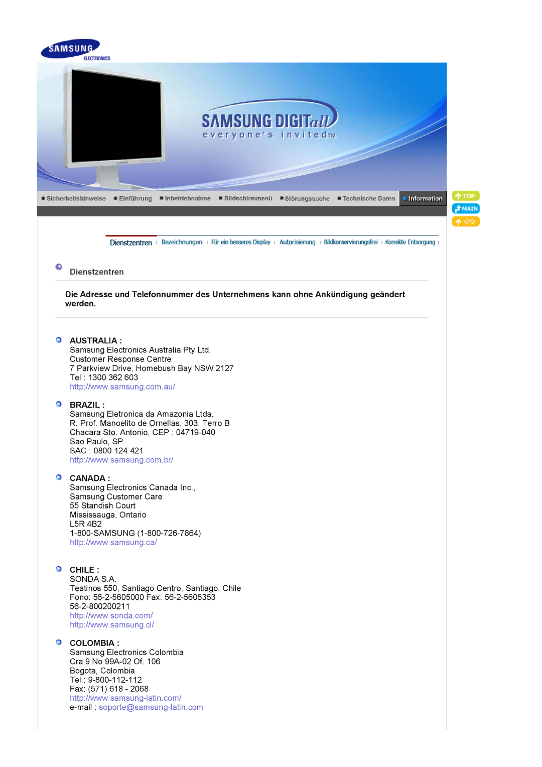 Samsung LS20BRCASZ/EDC manual Chile Sonda S.A 