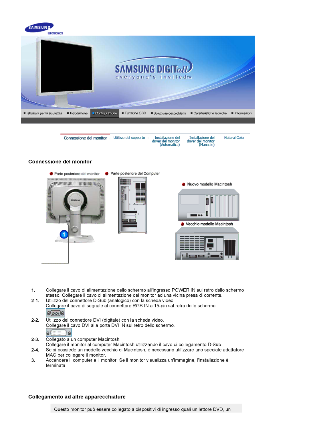 Samsung LS20BRCASZ/EDC manual Connessione del monitor 