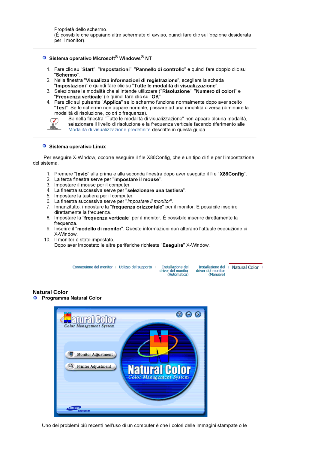 Samsung LS20BRCASZ/EDC manual Sistema operativo Microsoft Windows NT, Sistema operativo Linux, Programma Natural Color 