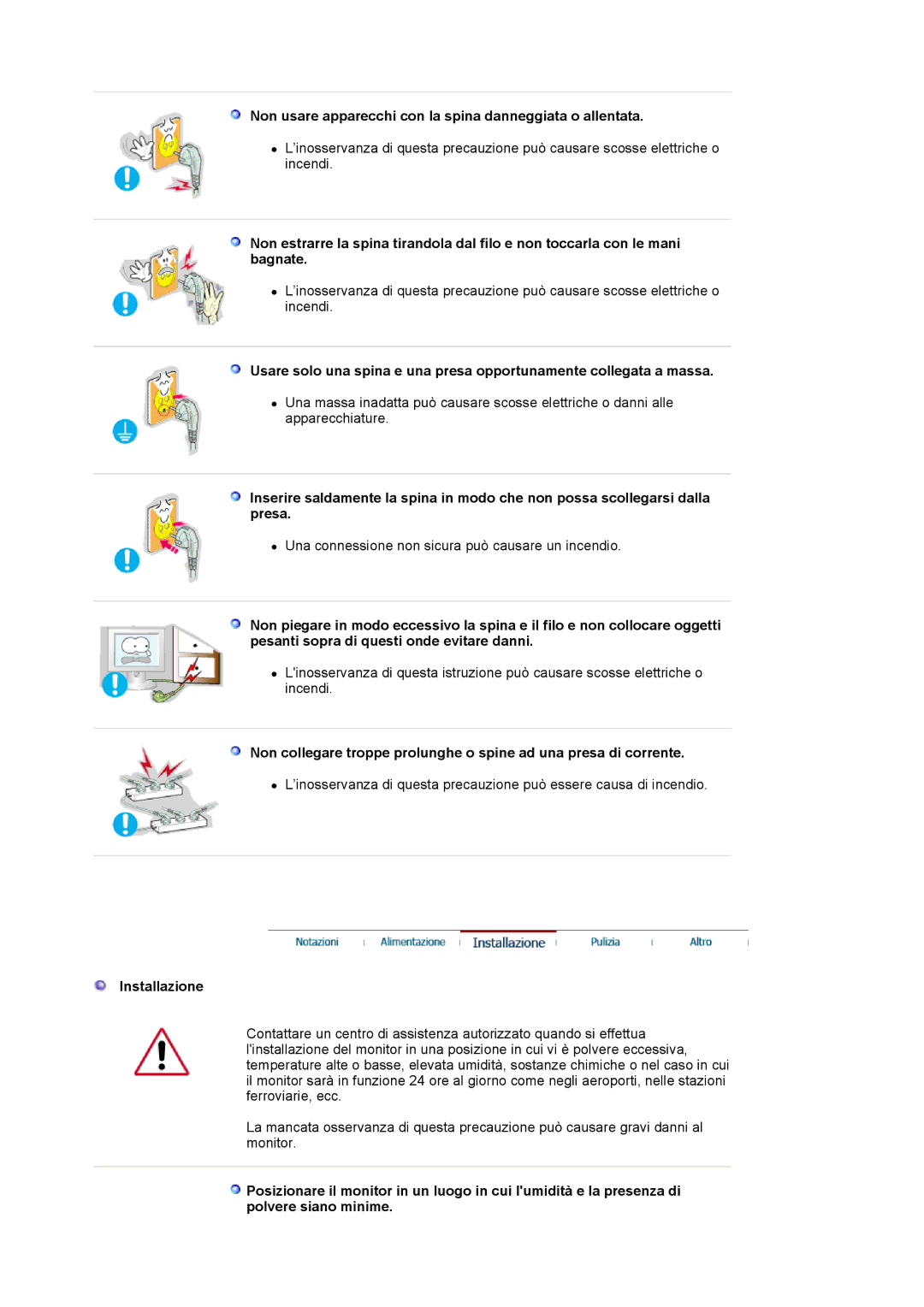 Samsung LS20BRCASZ/EDC manual Non usare apparecchi con la spina danneggiata o allentata, Installazione 