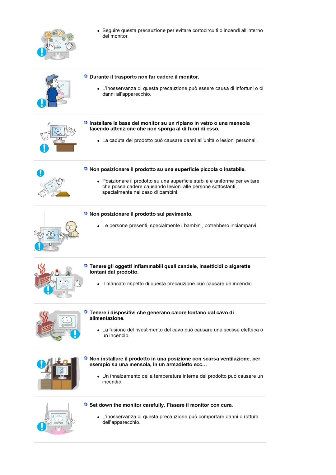 Samsung LS20BRCASZ/EDC manual Durante il trasporto non far cadere il monitor, Non posizionare il prodotto sul pavimento 