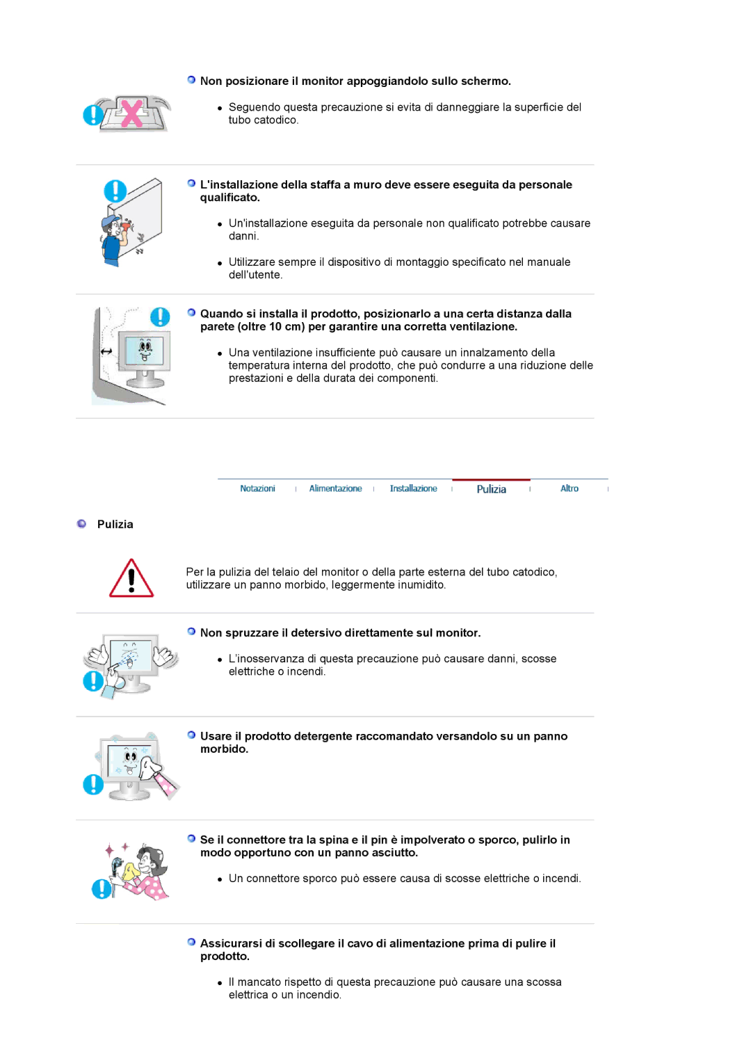 Samsung LS20BRCASZ/EDC manual Non posizionare il monitor appoggiandolo sullo schermo, Pulizia 