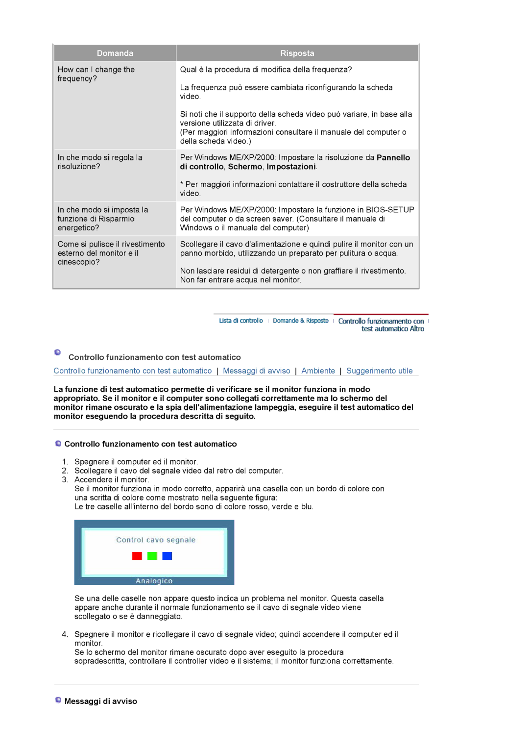 Samsung LS20BRCASZ/EDC manual Domanda, Risposta, Controllo funzionamento con test automatico, Messaggi di avviso 