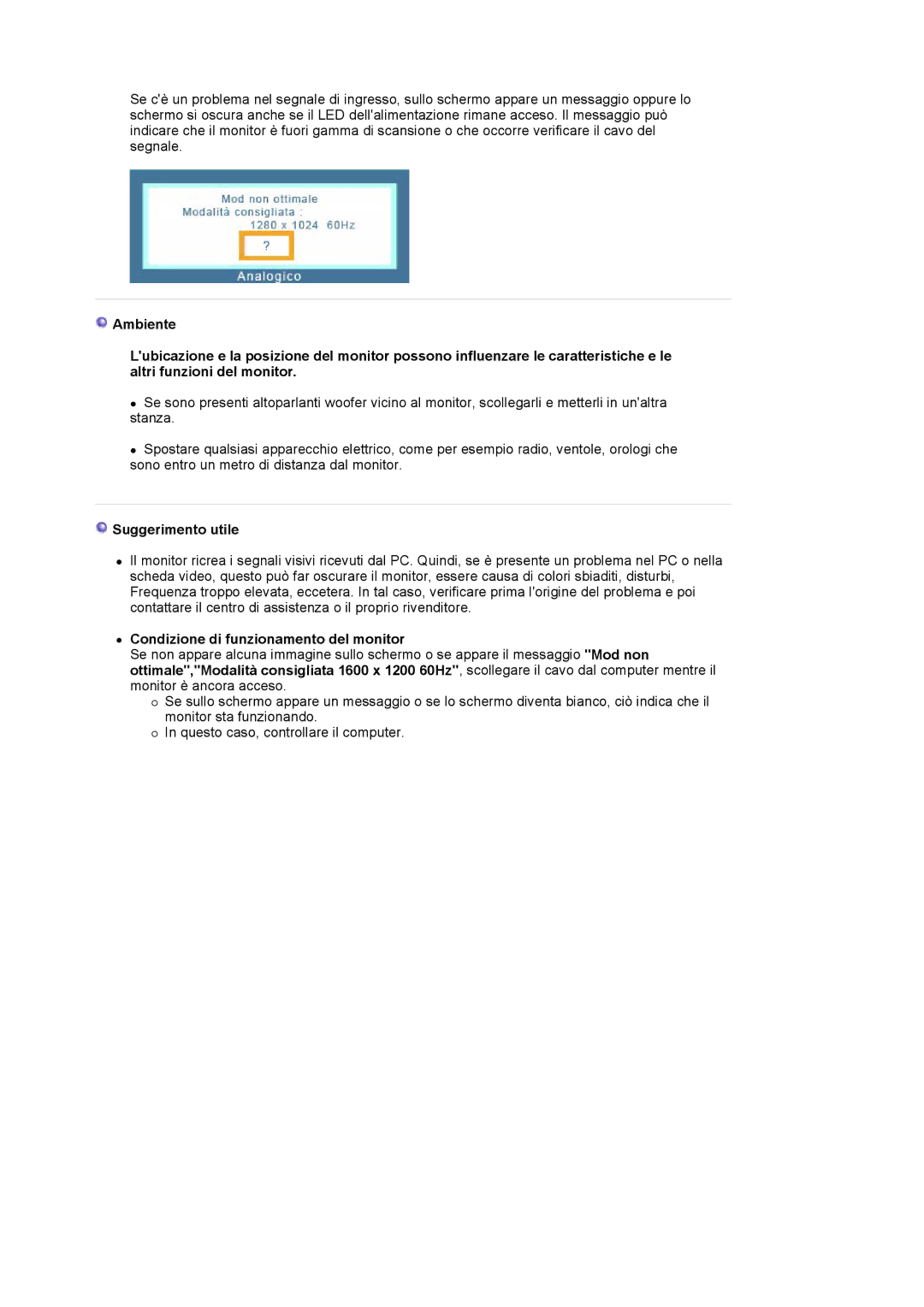 Samsung LS20BRCASZ/EDC manual Suggerimento utile, Condizione di funzionamento del monitor 