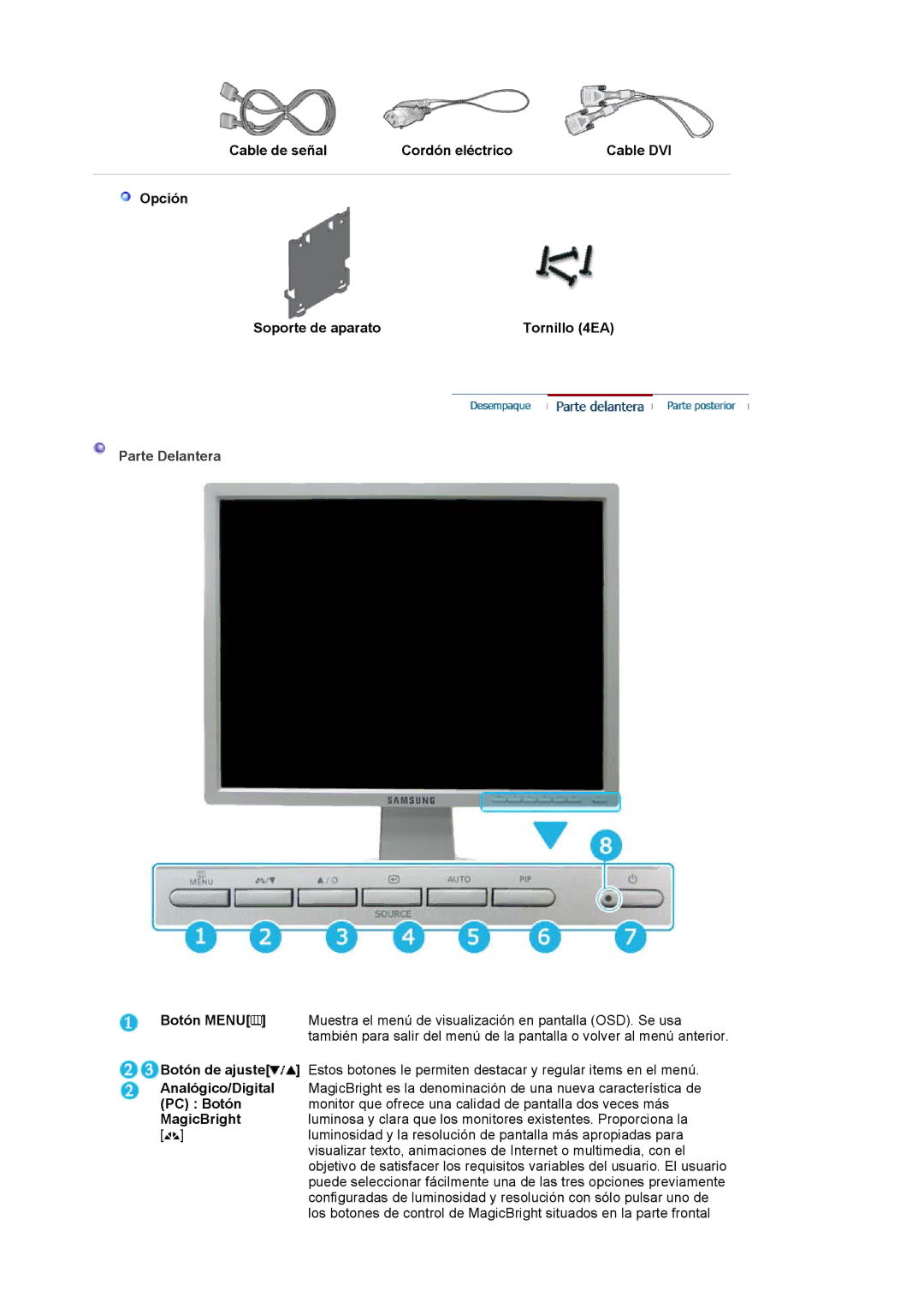 Samsung LS20BRCASZ/EDC manual Parte Delantera, Botón Menu, Analógico/Digital, PC Botón, MagicBright 