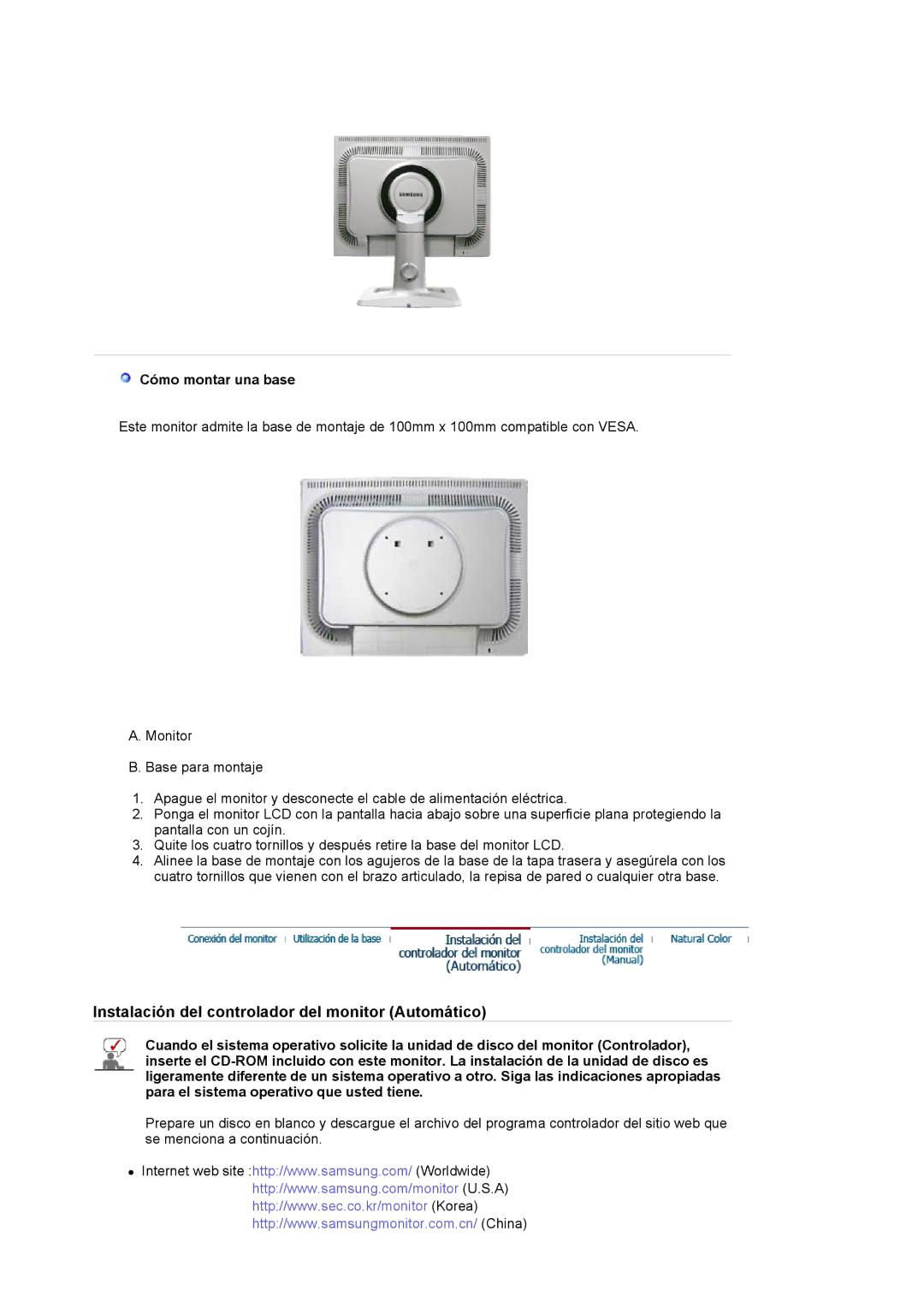 Samsung LS20BRCASZ/EDC manual Instalación del controlador del monitor Automático, Cómo montar una base 