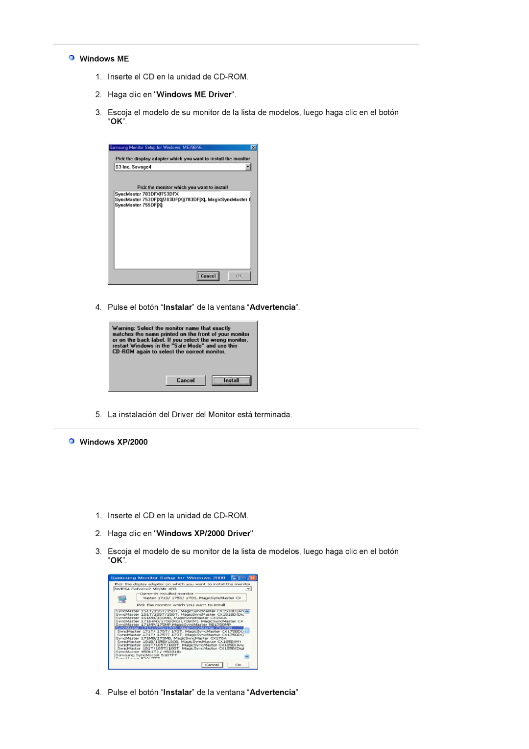 Samsung LS20BRCASZ/EDC manual Haga clic en Windows ME Driver, Haga clic en Windows XP/2000 Driver 