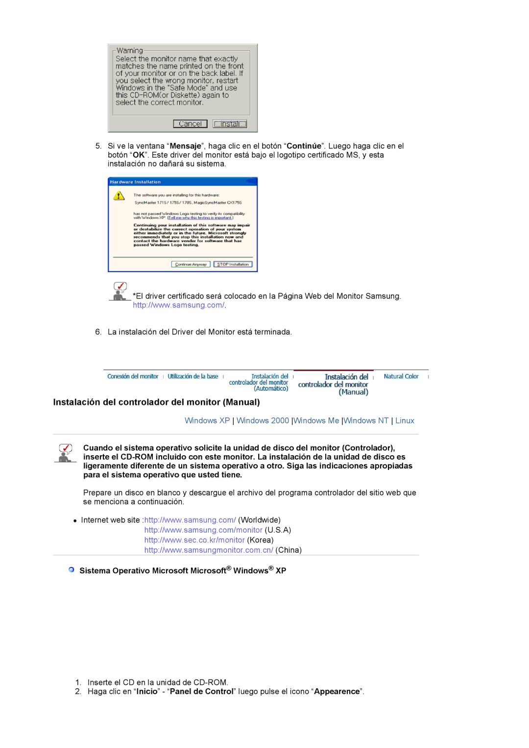 Samsung LS20BRCASZ/EDC Instalación del controlador del monitor Manual, Sistema Operativo Microsoft Microsoft Windows XP 