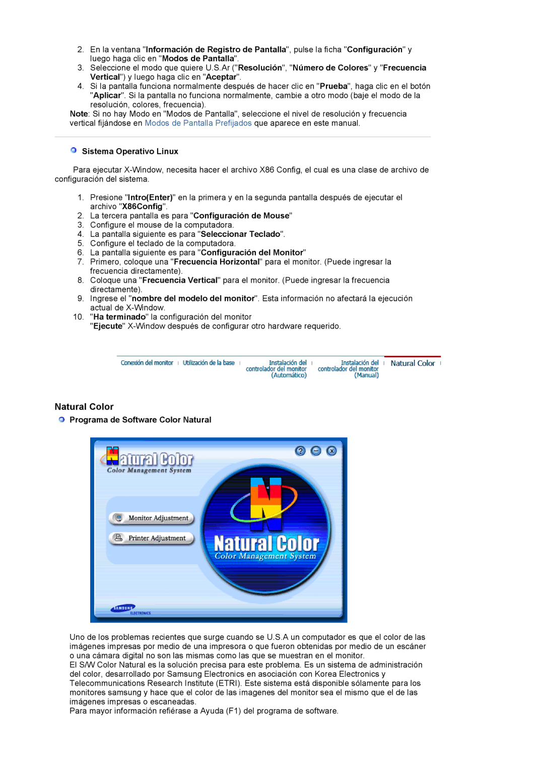 Samsung LS20BRCASZ/EDC manual Sistema Operativo Linux, Programa de Software Color Natural 