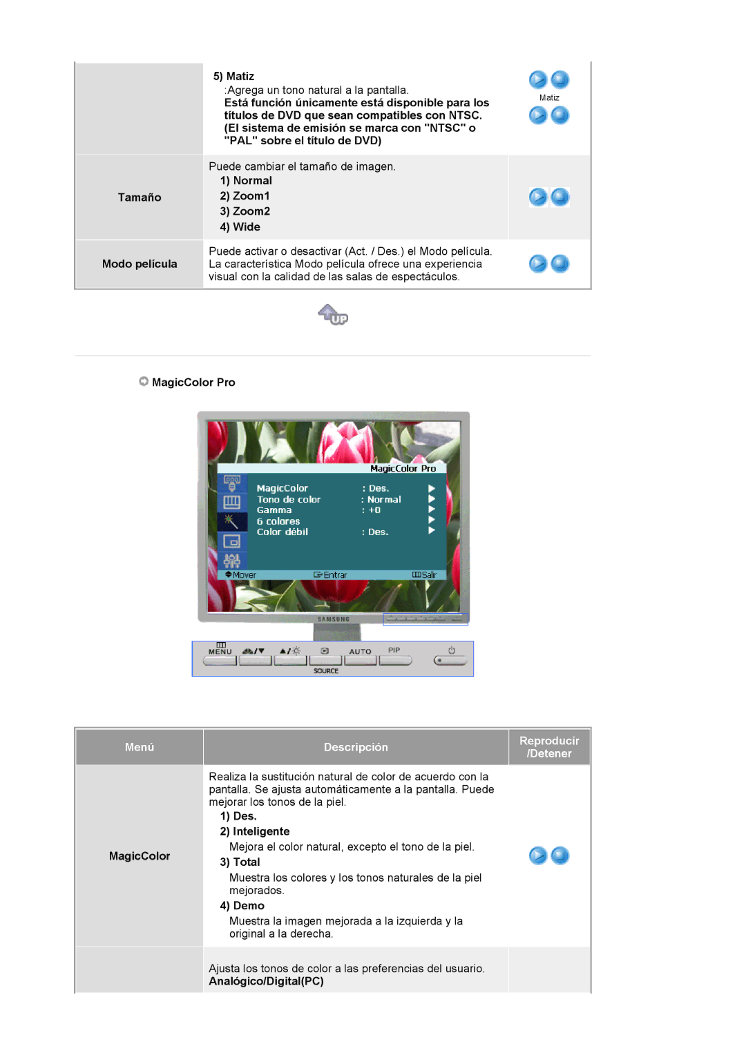 Samsung LS20BRCASZ/EDC manual Tamaño Modo película Matiz, MagicColor Pro, Des Inteligente, Total, Demo, Analógico/DigitalPC 