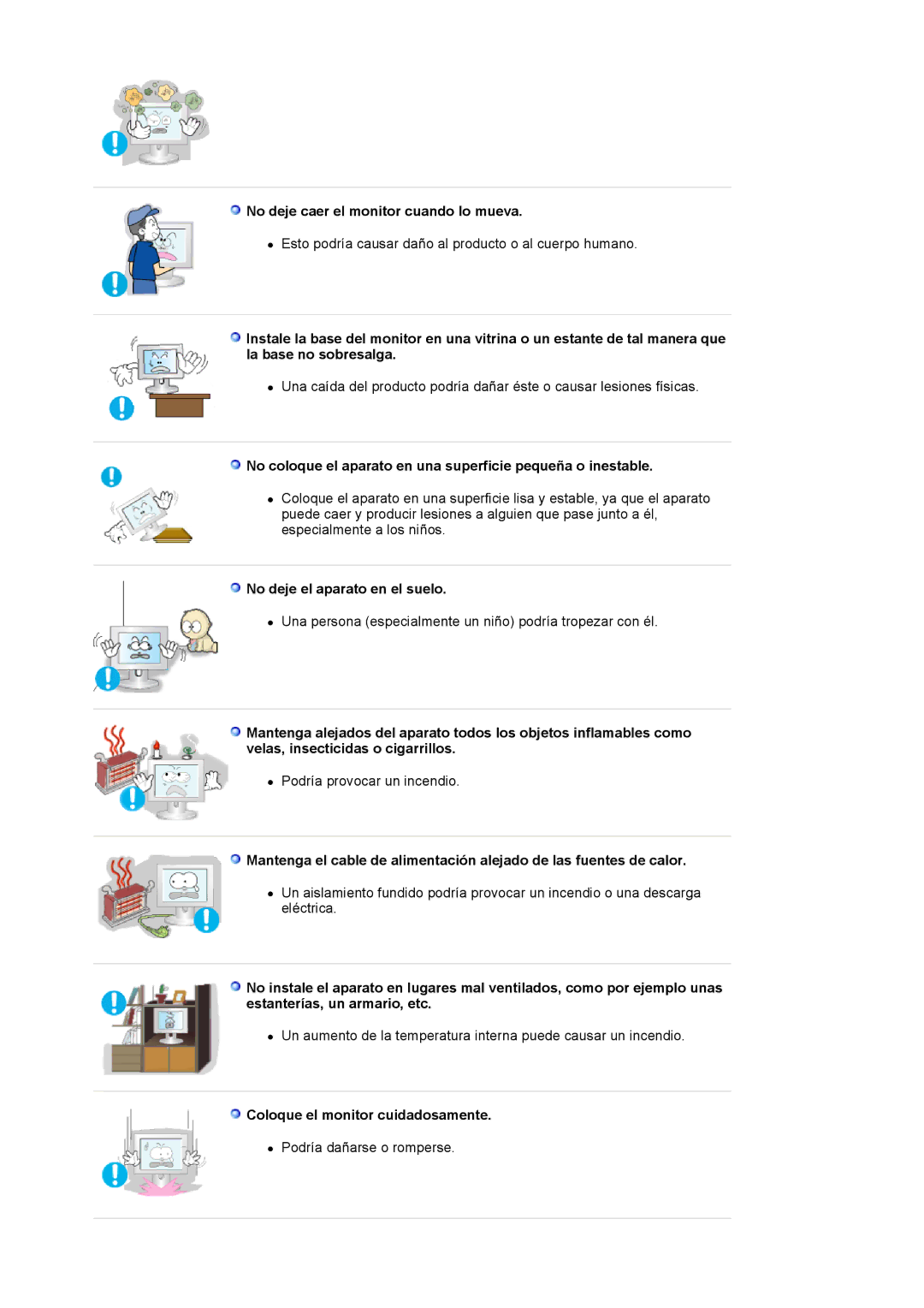 Samsung LS20BRCASZ/EDC manual No deje caer el monitor cuando lo mueva, No deje el aparato en el suelo 