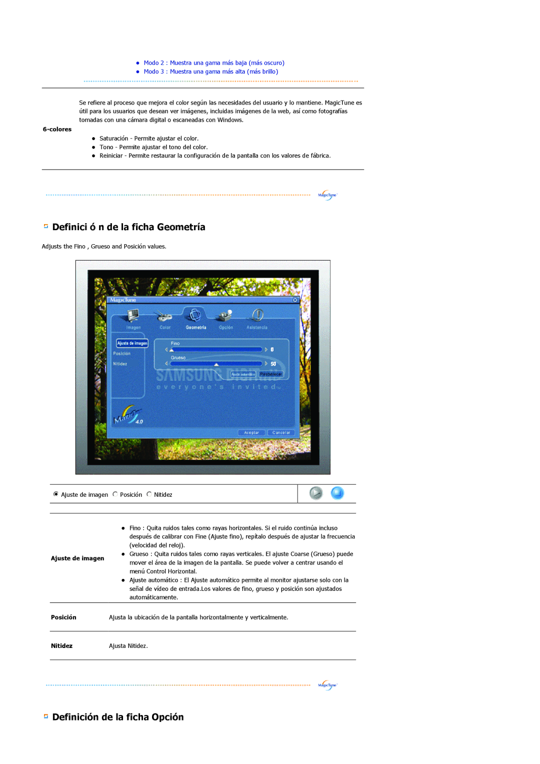 Samsung LS20BRCASZ/EDC manual Definici ó n de la ficha Geometría 