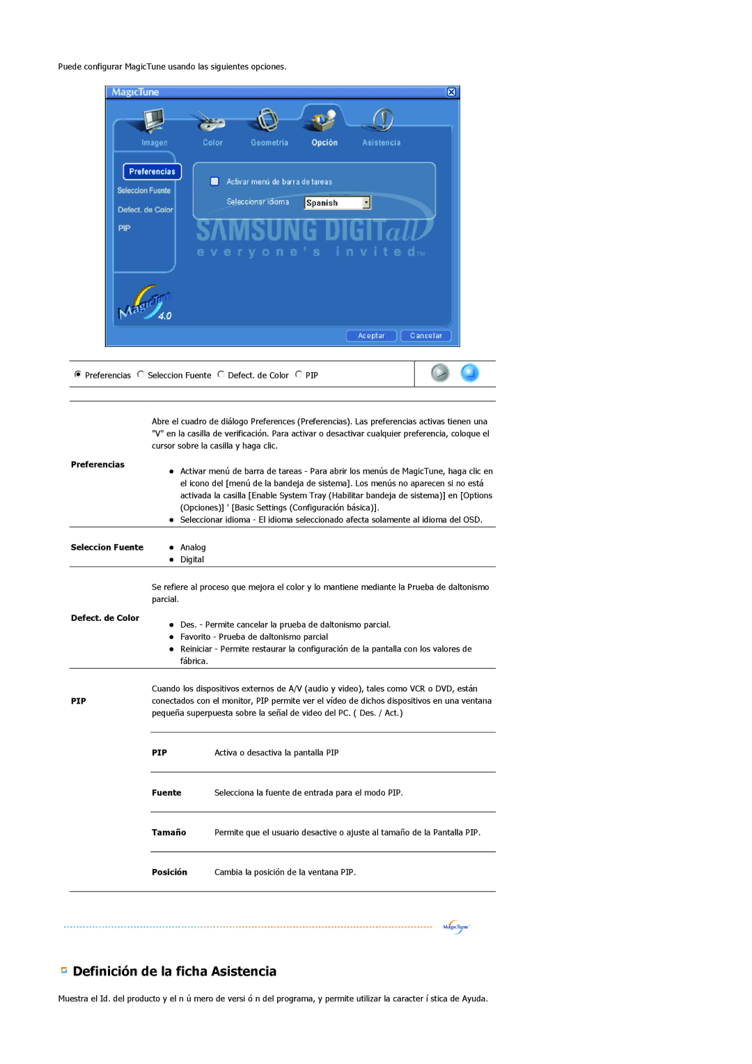 Samsung LS20BRCASZ/EDC manual Definición de la ficha Asistencia 