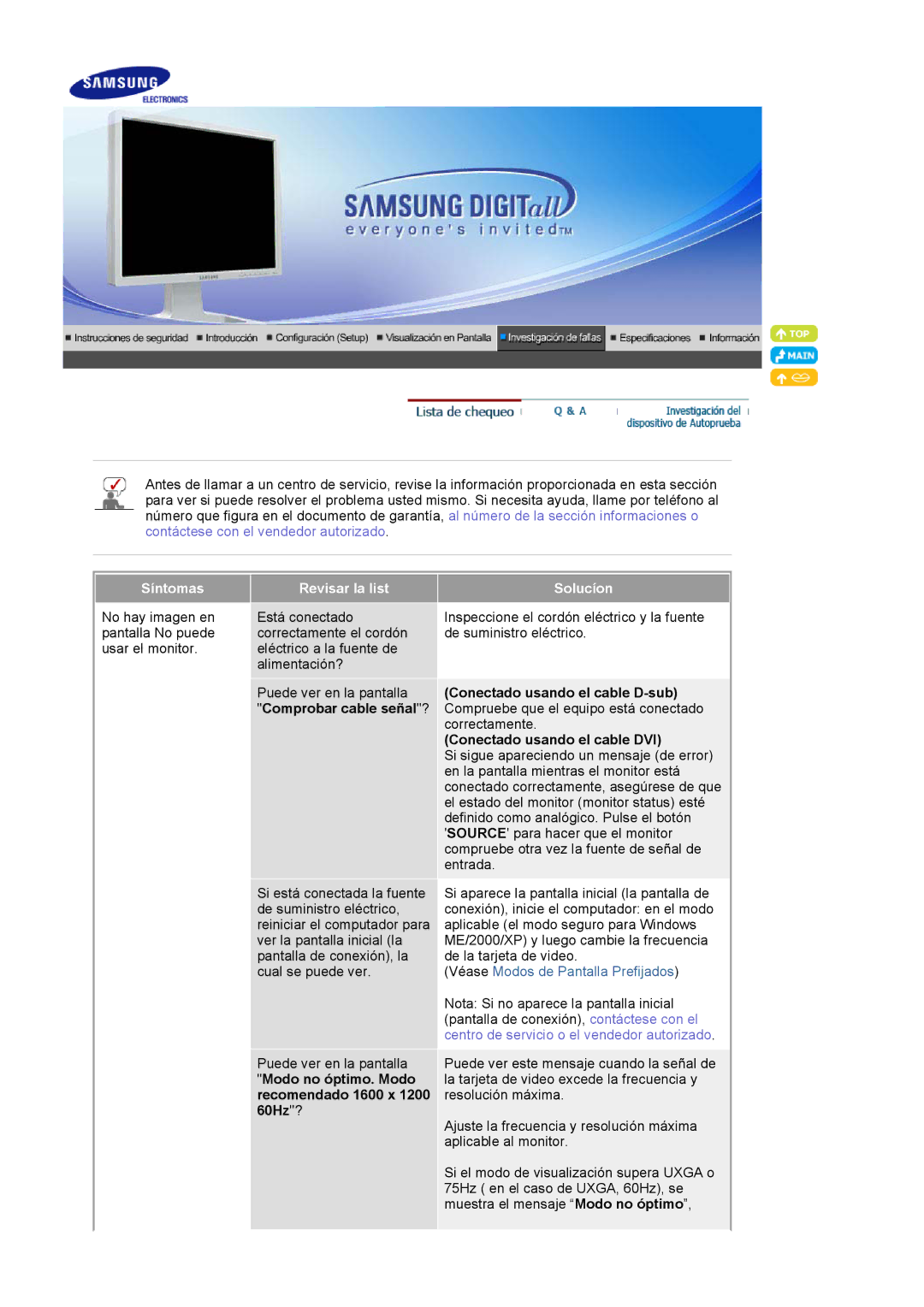 Samsung LS20BRCASZ/EDC Síntomas, Revisar la list Solucíon, Conectado usando el cable D-sub, Conectado usando el cable DVI 