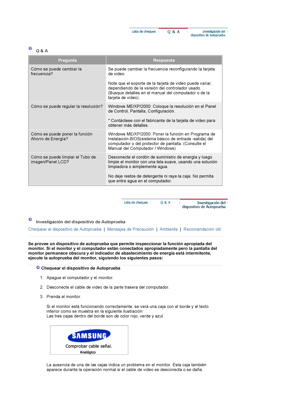 Samsung LS20BRCASZ/EDC manual Pregunta Respuesta, Investigación del dispositivo de Autoprueba 