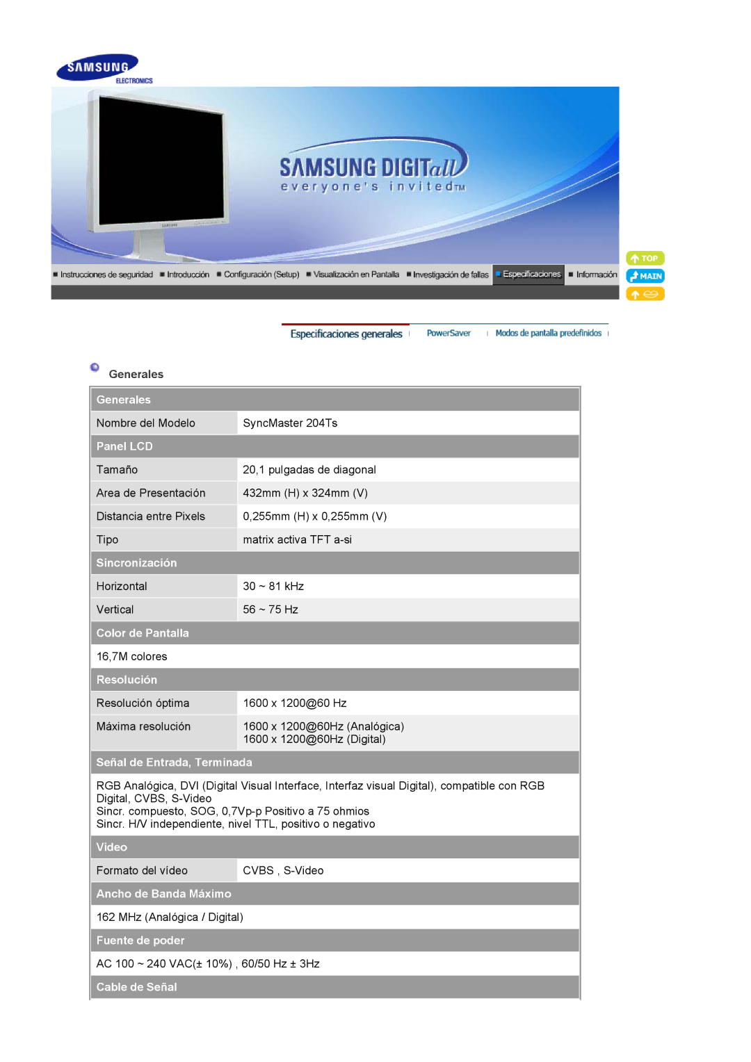 Samsung LS20BRCASZ/EDC Generales, Panel LCD, Sincronización, Color de Pantalla, Resolución, Señal de Entrada, Terminada 