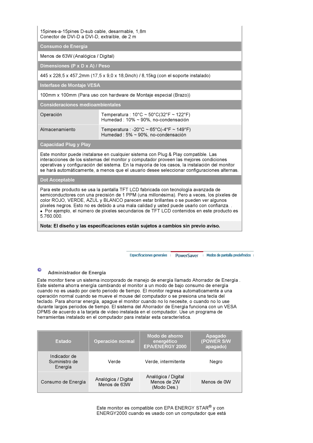 Samsung LS20BRCASZ/EDC Consumo de Energía, Dimensiones P x D x a / Peso, Interfase de Montaje Vesa, Capacidad Plug y Play 