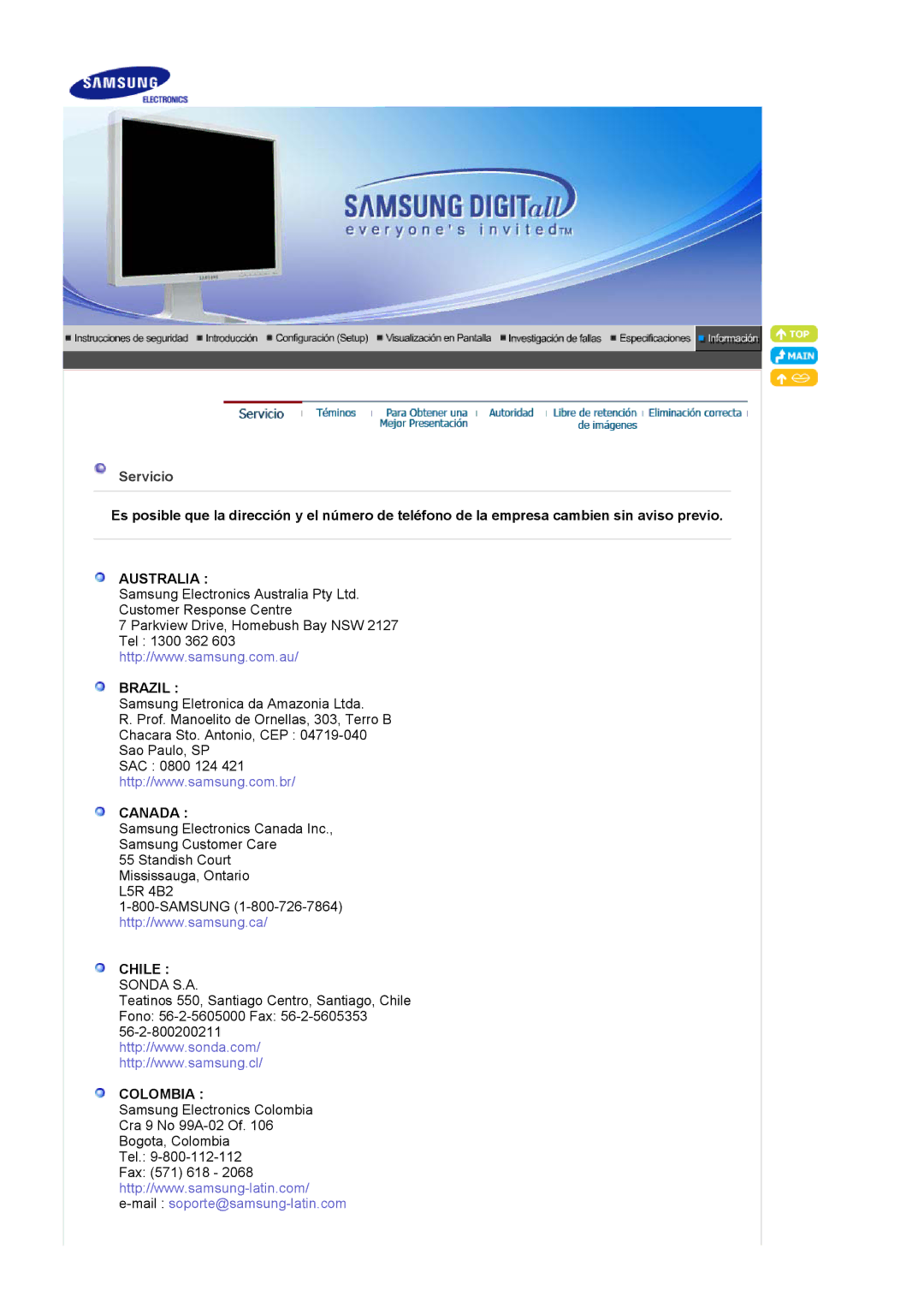 Samsung LS20BRCASZ/EDC manual Servicio, Australia Brazil 