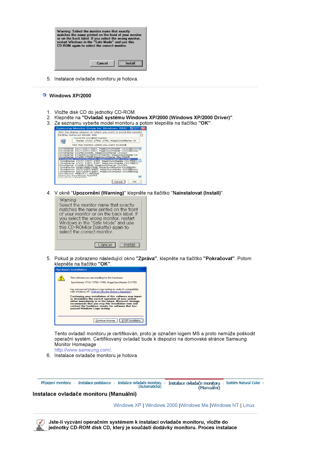 Samsung LS20BRCASZ/EDC manual Instalace ovladače monitoru Manuální, Windows XP/2000 