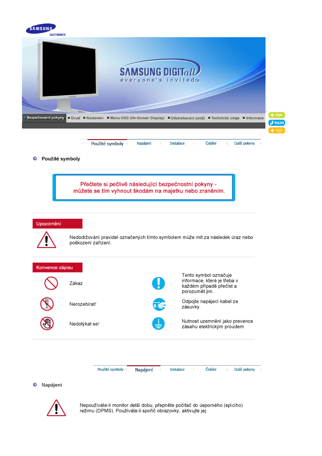 Samsung LS20BRCASZ/EDC manual Použité symboly, Napájení 