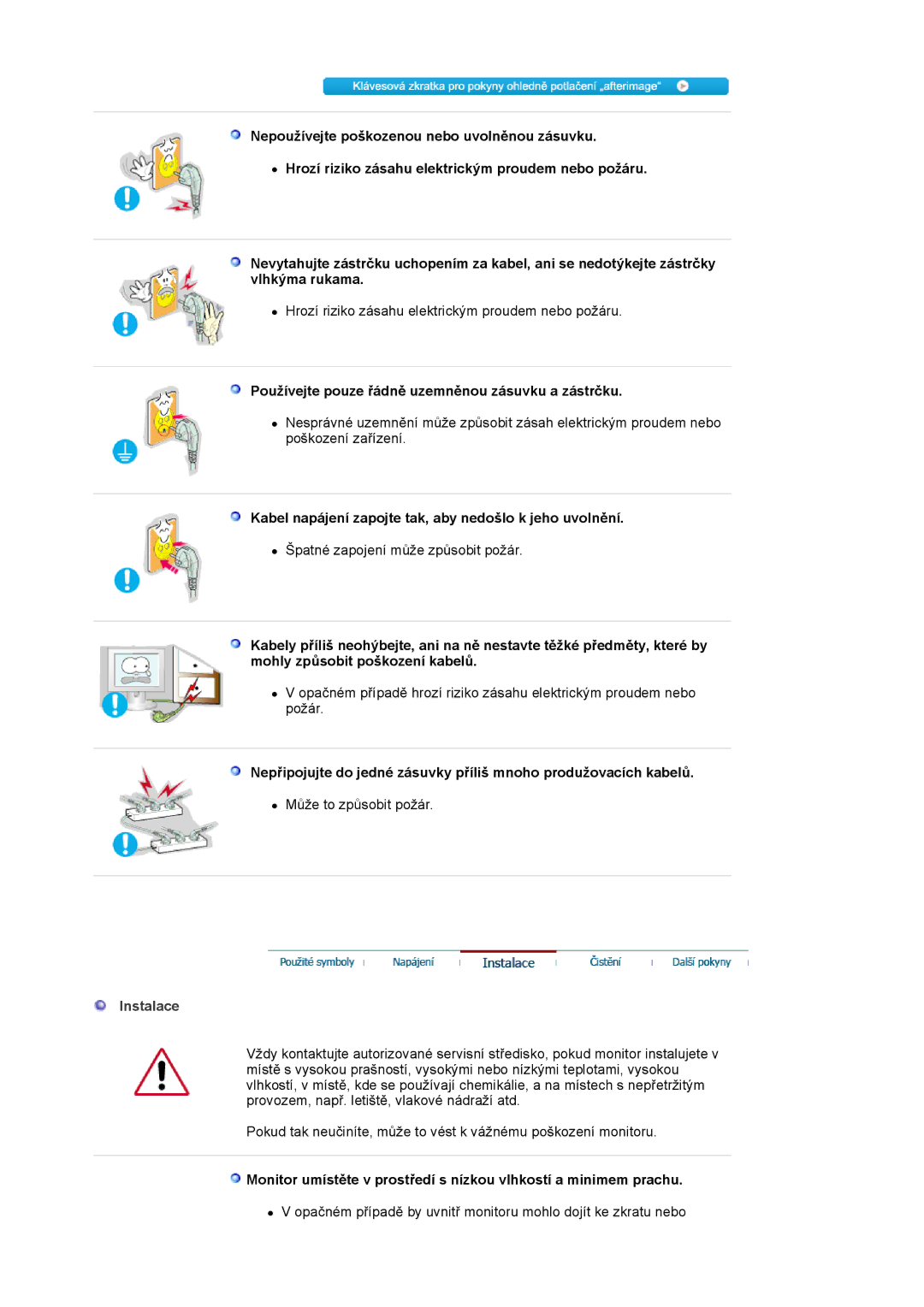 Samsung LS20BRCASZ/EDC manual Používejte pouze řádně uzemněnou zásuvku a zástrčku, Instalace 