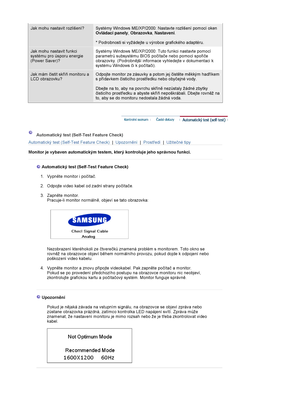 Samsung LS20BRCASZ/EDC manual Automatický test Self-Test Feature Check, Upozornění 